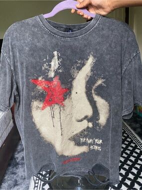 Graphic Distressed Black Tee with Red Star Accent